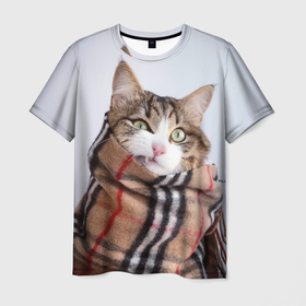 Мужская футболка 3D с принтом Кот в шарфе в Кировске, 100% полиэфир | прямой крой, круглый вырез горловины, длина до линии бедер | cat | животные | звири | кис | киска | кот | котейка | котик | коты | котяра | кошка | кошки | природа
