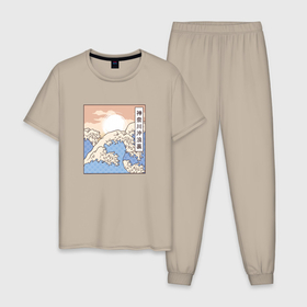 Мужская пижама хлопок с принтом The Great Wave в Белгороде, 100% хлопок | брюки и футболка прямого кроя, без карманов, на брюках мягкая резинка на поясе и по низу штанин
 | Тематика изображения на принте: art | hokusai | japan | japanese | kanagawa | landscape | retro | retrowave | vaporwave | vintage | арт | большая | в канагаве | великая | винтаж | волна | гравюра | иллюстрация | искусство | канагава | картина | море | океан | пейзаж | ретро |