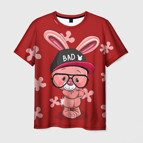 Мужская футболка 3D с принтом Модный зайка в Кировске, 100% полиэфир | прямой крой, круглый вырез горловины, длина до линии бедер | зайчик в очках | заяц в кепке | модный зайка | няшные картинки | плюшевый зайчик | розовый зайчик.