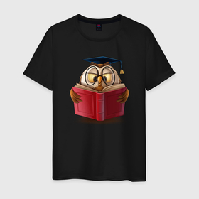 Мужская футболка хлопок с принтом Умная сова в Курске, 100% хлопок | прямой крой, круглый вырез горловины, длина до линии бедер, слегка спущенное плечо. | funny | книга | прикольные | птицы | смешные | сова