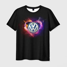 Мужская футболка 3D с принтом Volkswagen в Тюмени, 100% полиэфир | прямой крой, круглый вырез горловины, длина до линии бедер | love vw | volkswagen | vw | vw в сердце | vw значок | vw лого | vw марка | vw эмблема | wv | горящее сердце | значок vw | значок фольксваген | лого автомобиля | лого вольцваген | логотип vw | люблю vw | люблю фольксваген