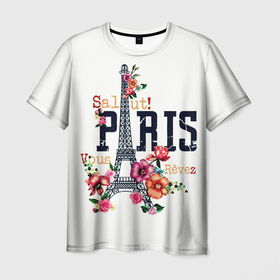 Мужская футболка 3D с принтом Париж в Петрозаводске, 100% полиэфир | прямой крой, круглый вырез горловины, длина до линии бедер | белая | винтаж | города | европа | евротур | иностранные | креатив | крутая | минимализм | модные | надписи | париж | повседневный | путешествия | разные цвета | ретро | салют | столица | страны