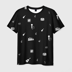 Мужская футболка 3D с принтом Музыкальные инструменты в Тюмени, 100% полиэфир | прямой крой, круглый вырез горловины, длина до линии бедер | гитара микрофон барабан арфа саксофон