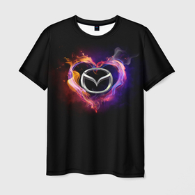 Мужская футболка 3D с принтом Mazda в Санкт-Петербурге, 100% полиэфир | прямой крой, круглый вырез горловины, длина до линии бедер | love mazda | mazda | mazda в сердце | mazda лого | mazda марка | mazda эмблема | горящее сердце | значок mazda | лого авто | лого автомобиля | логотип mazda | логотип мазда | люблю мазду | мазда | мазда значок | мазда лого