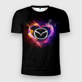 Мужская футболка 3D Slim с принтом Mazda в Новосибирске, 100% полиэстер с улучшенными характеристиками | приталенный силуэт, круглая горловина, широкие плечи, сужается к линии бедра | Тематика изображения на принте: love mazda | mazda | mazda в сердце | mazda лого | mazda марка | mazda эмблема | горящее сердце | значок mazda | лого авто | лого автомобиля | логотип mazda | логотип мазда | люблю мазду | мазда | мазда значок | мазда лого