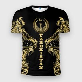 Мужская футболка 3D Slim с принтом Узбекистан в Белгороде, 100% полиэстер с улучшенными характеристиками | приталенный силуэт, круглая горловина, широкие плечи, сужается к линии бедра | coat of arms | eagle | flag | islam | lion | republic | uzbekistan | герб | ислам | лев | орел | республика | узбекистан | флаг