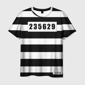 Мужская футболка 3D с принтом Костюм заключенного в Екатеринбурге, 100% полиэфир | прямой крой, круглый вырез горловины, длина до линии бедер | заключенный | номер | хэллоуин | штрихкод