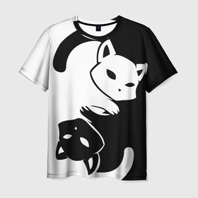 Мужская футболка 3D с принтом Инь и Янь котики в Екатеринбурге, 100% полиэфир | прямой крой, круглый вырез горловины, длина до линии бедер | инь | котики | коты | кошки | янь