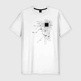 Мужская футболка хлопок Slim с принтом Сердце чип , 92% хлопок, 8% лайкра | приталенный силуэт, круглый вырез ворота, длина до линии бедра, короткий рукав | art | board | chip | cyber | heart | system | арт | кибер | плата | сердце | система | чип