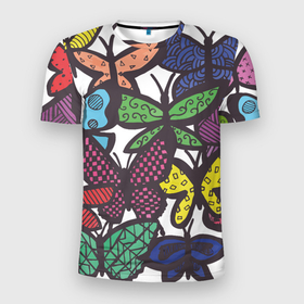 Мужская футболка 3D Slim с принтом Дудл бабочки в Белгороде, 100% полиэстер с улучшенными характеристиками | приталенный силуэт, круглая горловина, широкие плечи, сужается к линии бедра | Тематика изображения на принте: doodle | бабочка | бабочки | дудл | узоры