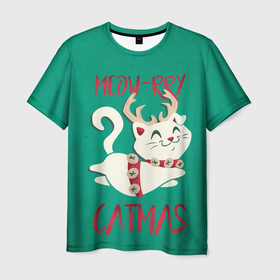 Мужская футболка 3D с принтом Meow-rry Catmas в Санкт-Петербурге, 100% полиэфир | прямой крой, круглый вырез горловины, длина до линии бедер | 2021 | cat | catmas | christmas | happy new year | merry christmas | new year | кот | котейка | котики | новый год | праздник | рождество