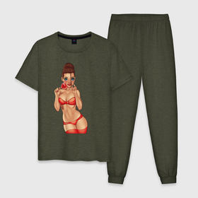 Мужская пижама хлопок с принтом Сексуальная девушка с леденцом в Новосибирске, 100% хлопок | брюки и футболка прямого кроя, без карманов, на брюках мягкая резинка на поясе и по низу штанин
 | girl | бестия | девушка | леденец | рыжая | сердечко | сосачка