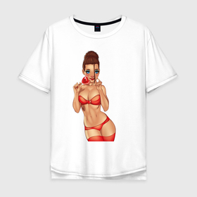Мужская футболка хлопок Oversize с принтом Сексуальная девушка с леденцом в Белгороде, 100% хлопок | свободный крой, круглый ворот, “спинка” длиннее передней части | girl | бестия | девушка | леденец | рыжая | сердечко | сосачка