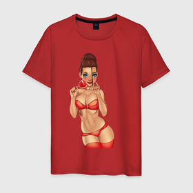 Мужская футболка хлопок с принтом Сексуальная девушка с леденцом в Белгороде, 100% хлопок | прямой крой, круглый вырез горловины, длина до линии бедер, слегка спущенное плечо. | girl | бестия | девушка | леденец | рыжая | сердечко | сосачка