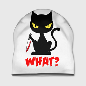 Шапка 3D с принтом What Cat в Курске, 100% полиэстер | универсальный размер, печать по всей поверхности изделия | cat | cats | halloween | what | кот | котенок | коты | котяра | кошак | кошка | нож | пушистый | хэллоуин | что