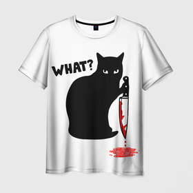 Мужская футболка 3D с принтом What Cat в Новосибирске, 100% полиэфир | прямой крой, круглый вырез горловины, длина до линии бедер | Тематика изображения на принте: cat | cats | halloween | what | кот | котенок | коты | котяра | кошак | кошка | нож | пушистый | хэллоуин | что