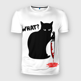 Мужская футболка 3D Slim с принтом What Cat в Екатеринбурге, 100% полиэстер с улучшенными характеристиками | приталенный силуэт, круглая горловина, широкие плечи, сужается к линии бедра | cat | cats | halloween | what | кот | котенок | коты | котяра | кошак | кошка | нож | пушистый | хэллоуин | что
