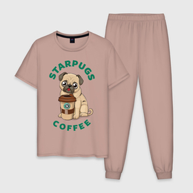 Мужская пижама хлопок с принтом Starpugs в Екатеринбурге, 100% хлопок | брюки и футболка прямого кроя, без карманов, на брюках мягкая резинка на поясе и по низу штанин
 | animal | art | coffee | dog | pug | puppy | арт | животное | кофе | мопс | собака | щенок