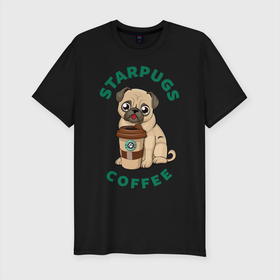 Мужская футболка хлопок Slim с принтом Starpugs в Новосибирске, 92% хлопок, 8% лайкра | приталенный силуэт, круглый вырез ворота, длина до линии бедра, короткий рукав | Тематика изображения на принте: animal | art | coffee | dog | pug | puppy | арт | животное | кофе | мопс | собака | щенок