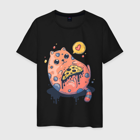 Мужская футболка хлопок с принтом Cat Loves Pizza в Кировске, 100% хлопок | прямой крой, круглый вырез горловины, длина до линии бедер, слегка спущенное плечо. | Тематика изображения на принте: art | cat | food | heart | pizza | арт | еда | кот | котик | кошка | пицца | сердечко