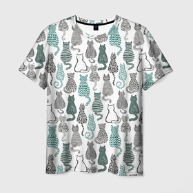 Мужская футболка 3D с принтом Коты паттерн  , 100% полиэфир | прямой крой, круглый вырез горловины, длина до линии бедер | котики | котики паттерн | коты | коты паттерн | много котиков | много котов | паттерн | силуэты котиков | силуэты котов