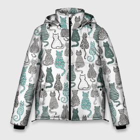 Мужская зимняя куртка 3D с принтом Коты паттерн в Петрозаводске, верх — 100% полиэстер; подкладка — 100% полиэстер; утеплитель — 100% полиэстер | длина ниже бедра, свободный силуэт Оверсайз. Есть воротник-стойка, отстегивающийся капюшон и ветрозащитная планка. 

Боковые карманы с листочкой на кнопках и внутренний карман на молнии. | Тематика изображения на принте: котики | котики паттерн | коты | коты паттерн | много котиков | много котов | паттерн | силуэты котиков | силуэты котов