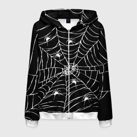 Мужская толстовка 3D на молнии с принтом Паутина с пауками , 100% полиэстер | длина до линии бедра, манжеты и пояс оформлены мягкой тканевой резинкой, двухслойный капюшон со шнурком для регулировки, спереди молния, по бокам два кармана | Тематика изображения на принте: black and white | darkness | halloween | horror | night | spider | web | готика | жуки | жуткий | мальчикам | насекомые | нечисть | нити | ночные | ночь | пауки | паутина | подарок | сетка | страшный | темный | тьма | хеллоуин | хоррор