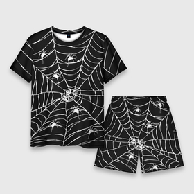 Мужской костюм с шортами 3D с принтом Паутина с пауками в Новосибирске,  |  | black and white | darkness | halloween | horror | night | spider | web | готика | жуки | жуткий | мальчикам | насекомые | нечисть | нити | ночные | ночь | пауки | паутина | подарок | сетка | страшный | темный | тьма | хеллоуин | хоррор