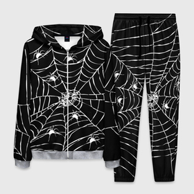 Мужской костюм 3D с принтом Паутина с пауками в Санкт-Петербурге, 100% полиэстер | Манжеты и пояс оформлены тканевой резинкой, двухслойный капюшон со шнурком для регулировки, карманы спереди | black and white | darkness | halloween | horror | night | spider | web | готика | жуки | жуткий | мальчикам | насекомые | нечисть | нити | ночные | ночь | пауки | паутина | подарок | сетка | страшный | темный | тьма | хеллоуин | хоррор