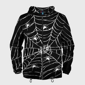 Мужская ветровка 3D с принтом Паутина с пауками в Кировске, 100% полиэстер | подол и капюшон оформлены резинкой с фиксаторами, два кармана без застежек по бокам, один потайной карман на груди | black and white | darkness | halloween | horror | night | spider | web | готика | жуки | жуткий | мальчикам | насекомые | нечисть | нити | ночные | ночь | пауки | паутина | подарок | сетка | страшный | темный | тьма | хеллоуин | хоррор