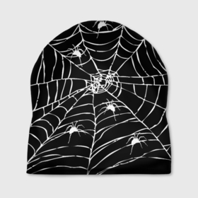 Шапка 3D с принтом Паутина с пауками в Петрозаводске, 100% полиэстер | универсальный размер, печать по всей поверхности изделия | black and white | darkness | halloween | horror | night | spider | web | готика | жуки | жуткий | мальчикам | насекомые | нечисть | нити | ночные | ночь | пауки | паутина | подарок | сетка | страшный | темный | тьма | хеллоуин | хоррор