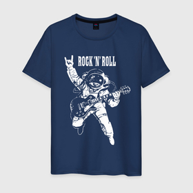 Мужская футболка хлопок с принтом Rock n Roll в Новосибирске, 100% хлопок | прямой крой, круглый вырез горловины, длина до линии бедер, слегка спущенное плечо. | astronaut | gesture | guitar | music | rock | solo | space | spacesuit | гитара | жест | космонавт | космос | музыка | рок | скафандр | соло