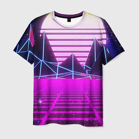 Мужская футболка 3D с принтом Synthwave в Кировске, 100% полиэфир | прямой крой, круглый вырез горловины, длина до линии бедер | synthwave | горы | горы синтвэйва | неоновые горы | синтвэйв