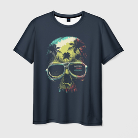 Мужская футболка 3D с принтом Череп в тропиках в Новосибирске, 100% полиэфир | прямой крой, круглый вырез горловины, длина до линии бедер | буквы | джунгли | иностранные | кость | надписи | очки | пальмы | разноцветные | ретро | рисунок | смотри в глаза | текст | темная | тропики | цветная | череп | череп в очках