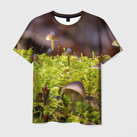 Мужская футболка 3D с принтом Мох в Новосибирске, 100% полиэфир | прямой крой, круглый вырез горловины, длина до линии бедер | Тематика изображения на принте: гриб | грибы | дерево | деревья | зелёные | зелёный | зелень | лес | леса | лесной | мох | мхи | пенёк | пеньки | пни | поганка | поганки | природа | природный | флора