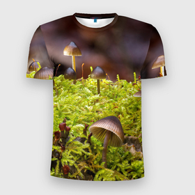 Мужская футболка 3D спортивная с принтом Мох в Белгороде, 100% полиэстер с улучшенными характеристиками | приталенный силуэт, круглая горловина, широкие плечи, сужается к линии бедра | гриб | грибы | дерево | деревья | зелёные | зелёный | зелень | лес | леса | лесной | мох | мхи | пенёк | пеньки | пни | поганка | поганки | природа | природный | флора