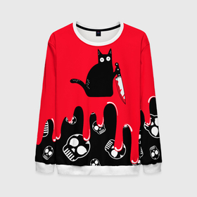 Мужской свитшот 3D с принтом WHAT CAT в Екатеринбурге, 100% полиэстер с мягким внутренним слоем | круглый вырез горловины, мягкая резинка на манжетах и поясе, свободная посадка по фигуре | Тематика изображения на принте: art | black | black cat | cat | dark | dark cat | halloween | what | what cat | what mem | арт | кот | кот арт | кот мем | мем | нож | праздник | прикол | прикольный кот | убица | хэллоуин | чёрный | чёрный кот | что | что мем