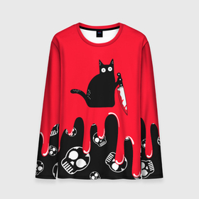 Мужской лонгслив 3D с принтом WHAT CAT в Тюмени, 100% полиэстер | длинные рукава, круглый вырез горловины, полуприлегающий силуэт | Тематика изображения на принте: art | black | black cat | cat | dark | dark cat | halloween | what | what cat | what mem | арт | кот | кот арт | кот мем | мем | нож | праздник | прикол | прикольный кот | убица | хэллоуин | чёрный | чёрный кот | что | что мем