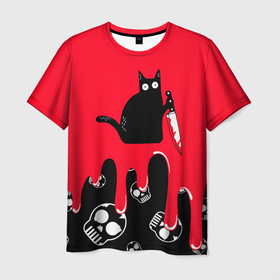 Мужская футболка 3D с принтом WHAT CAT в Петрозаводске, 100% полиэфир | прямой крой, круглый вырез горловины, длина до линии бедер | art | black | black cat | cat | dark | dark cat | halloween | what | what cat | what mem | арт | кот | кот арт | кот мем | мем | нож | праздник | прикол | прикольный кот | убица | хэллоуин | чёрный | чёрный кот | что | что мем