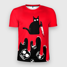 Мужская футболка 3D спортивная с принтом WHAT CAT в Курске, 100% полиэстер с улучшенными характеристиками | приталенный силуэт, круглая горловина, широкие плечи, сужается к линии бедра | art | black | black cat | cat | dark | dark cat | halloween | what | what cat | what mem | арт | кот | кот арт | кот мем | мем | нож | праздник | прикол | прикольный кот | убица | хэллоуин | чёрный | чёрный кот | что | что мем