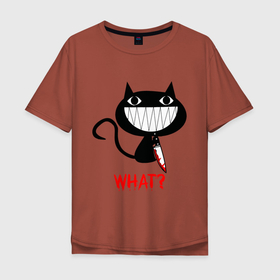 Мужская футболка хлопок Oversize с принтом What Cat в Курске, 100% хлопок | свободный крой, круглый ворот, “спинка” длиннее передней части | cats | knife | pussy | what | what cat | зубы | киса | киска | кисуля | кот | кошечка | кошка | нож