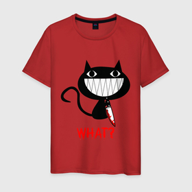 Мужская футболка хлопок с принтом What Cat в Новосибирске, 100% хлопок | прямой крой, круглый вырез горловины, длина до линии бедер, слегка спущенное плечо. | cats | knife | pussy | what | what cat | зубы | киса | киска | кисуля | кот | кошечка | кошка | нож