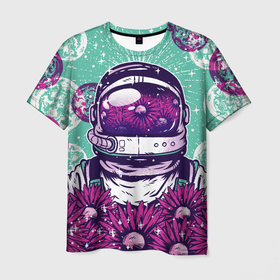 Мужская футболка 3D с принтом Цветочный Астронавт в Белгороде, 100% полиэфир | прямой крой, круглый вырез горловины, длина до линии бедер | astronaut | cosmonaut | daisy | floral | flowers | galaxy | helmet | peace | planet | planets | retro | space | spacesuit | suit | винтаж | галактика | космонавт | космос | мир | планета | планеты | ретро | ромашки | скафандр | цветок | цвет