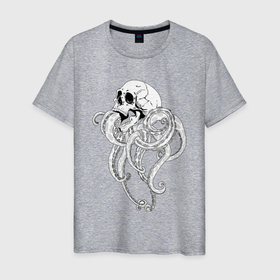 Мужская футболка хлопок с принтом Череп с щупальцами в Екатеринбурге, 100% хлопок | прямой крой, круглый вырез горловины, длина до линии бедер, слегка спущенное плечо. | skull | осьминог | череп | черепок | черепушка | щупальца