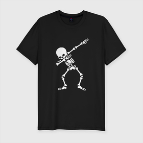 Мужская футболка хлопок Slim с принтом СКЕЛЕТ DAB в Тюмени, 92% хлопок, 8% лайкра | приталенный силуэт, круглый вырез ворота, длина до линии бедра, короткий рукав | dab | halloween | skeleton | арт | арт черепа | голова | дэб | кости | мертвец | мертвецы | праздник | праздник мёртвых | скелет | скелет dab | скелет дэб | хэллоуин | череп | черпа