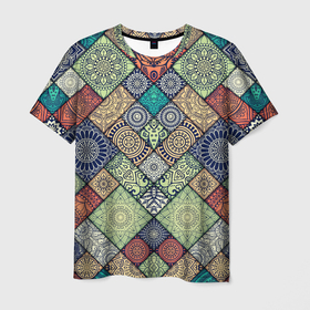 Мужская футболка 3D с принтом Мандалы лоскутный печворк в Тюмени, 100% полиэфир | прямой крой, круглый вырез горловины, длина до линии бедер | лоскутная | лоскуты | оберег | печворк | разноцветный | талисман | техника | яркий