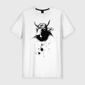 Мужская футболка хлопок Slim с принтом Бык в Петрозаводске, 92% хлопок, 8% лайкра | приталенный силуэт, круглый вырез ворота, длина до линии бедра, короткий рукав | 2021 | бык | год быка | год коровы | новый год | символ года