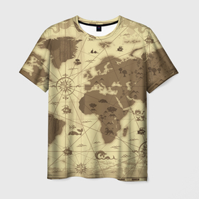 Мужская футболка 3D с принтом Карта мира в Санкт-Петербурге, 100% полиэфир | прямой крой, круглый вырез горловины, длина до линии бедер | география | карта | карта мира | корабли | моряки