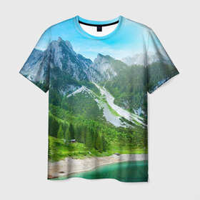 Мужская футболка 3D с принтом Альпийские горы в Екатеринбурге, 100% полиэфир | прямой крой, круглый вырез горловины, длина до линии бедер | альпийские горы | альпы | гора | горы | озеро