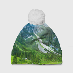 Шапка 3D c помпоном с принтом Альпийские горы в Курске, 100% полиэстер | универсальный размер, печать по всей поверхности изделия | Тематика изображения на принте: альпийские горы | альпы | гора | горы | озеро